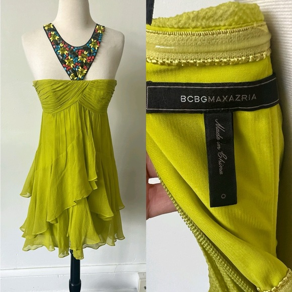 BCBG Beaded Lime Green Mini Ruffle Dress - Picture 1 of 10